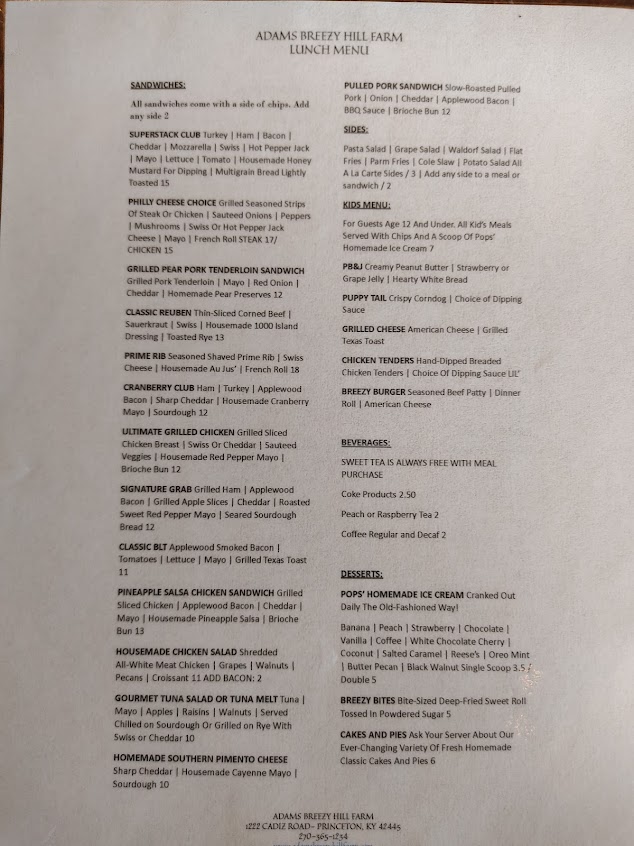 Menu Adams Breezy Hill Farm - 1
