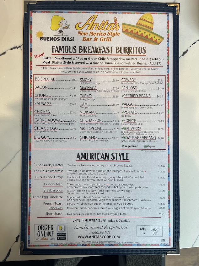Menu Anitas New Mexico Style Mexican Food - 0