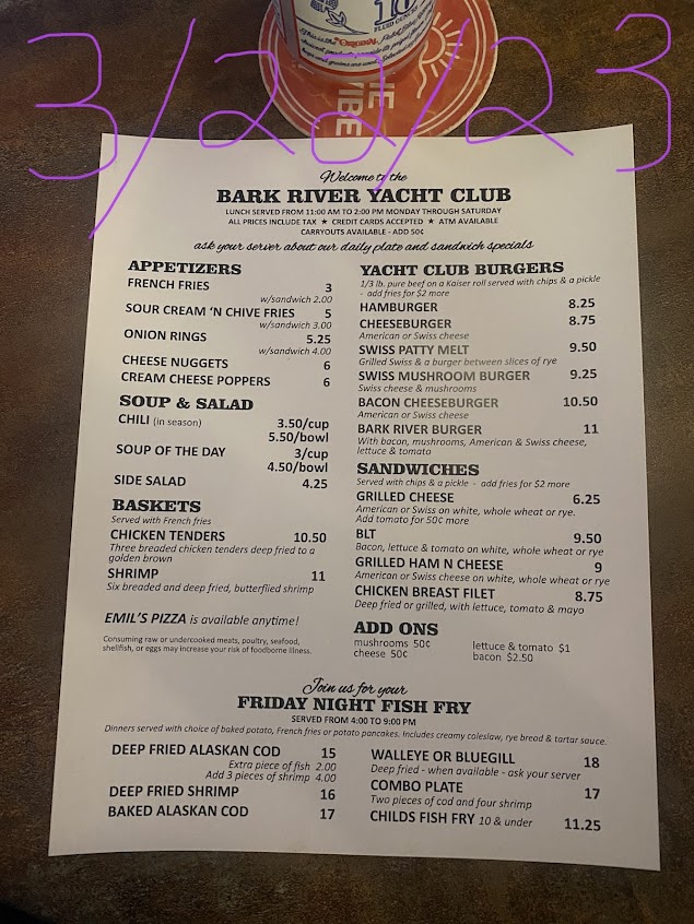 Menu Bark River Yacht Club - 0