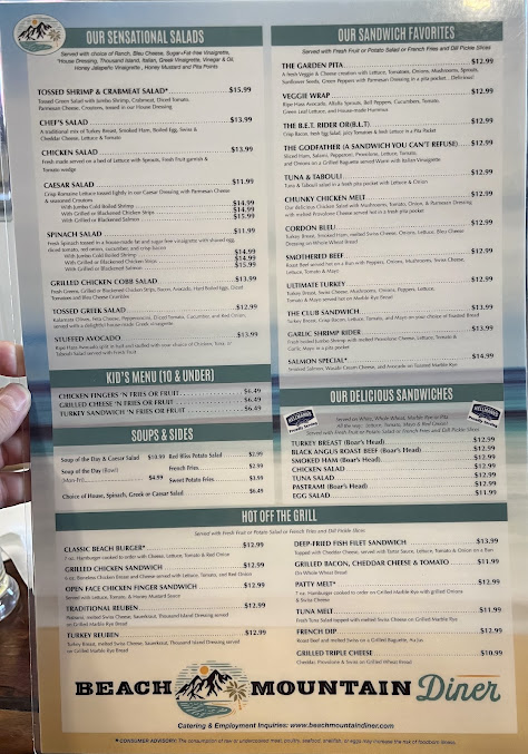 Menu Beach Mountain Diner Waynesville - 1
