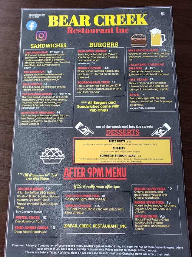 Menu Bear Creek Restaurant Inc - 0
