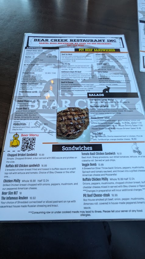 Menu Bear Creek Restaurant Inc - 1