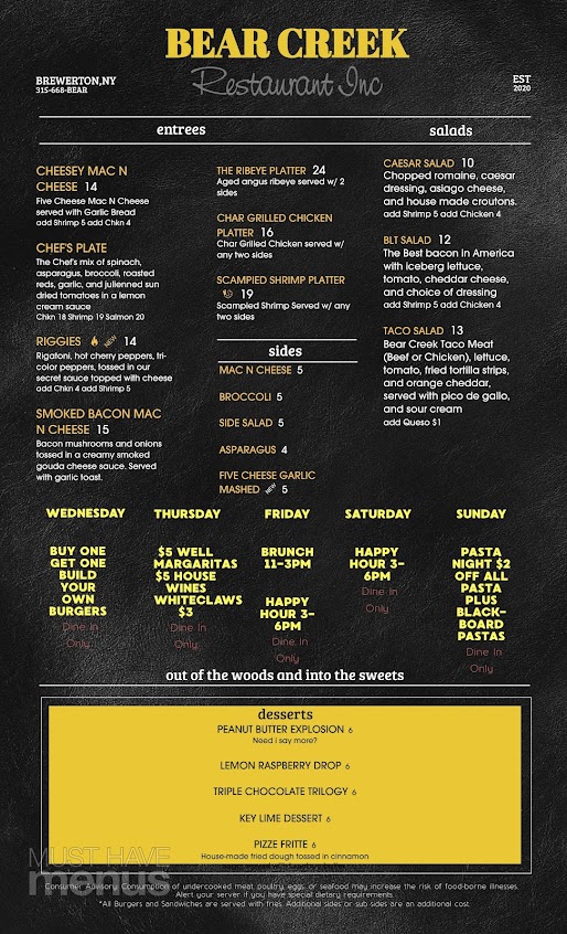 Menu Bear Creek Restaurant Inc - 2