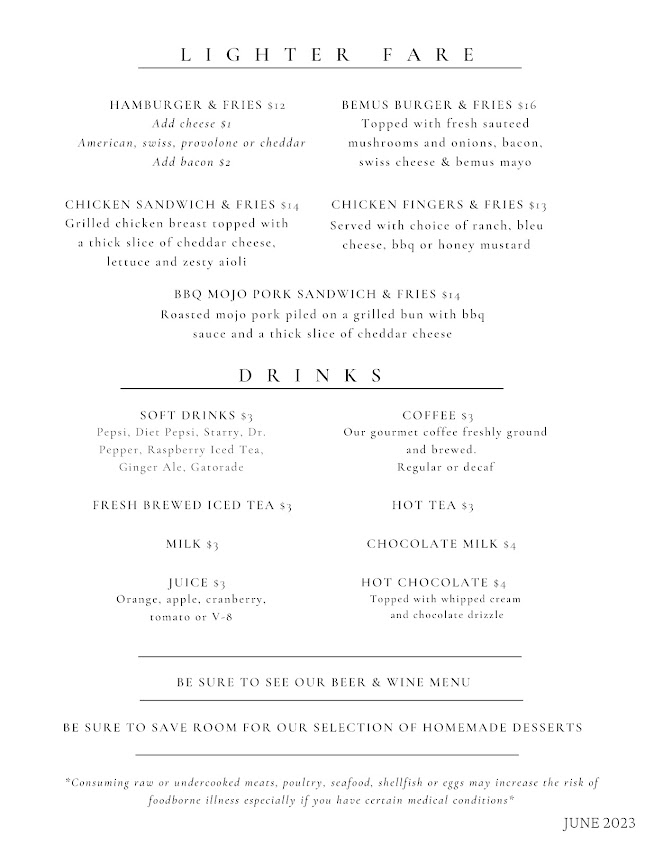 Menu Bemus Point Inn Restaurant - 2