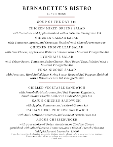 Menu Bernadette's Bistro - 1