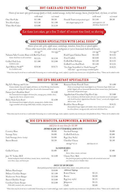 Menu Big Ed's Garner Restaurant - 1