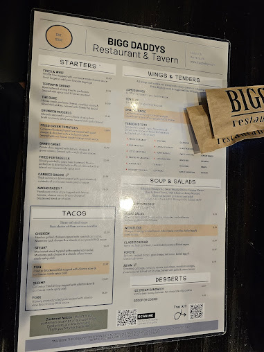 Menu Bigg Daddys Restaurant Tavern - 0