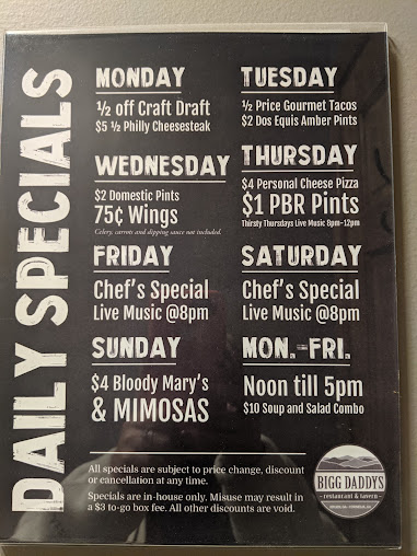 Menu Bigg Daddys Restaurant Tavern - 3