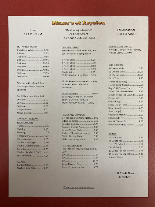 Menu Blazers Of Royston - 2