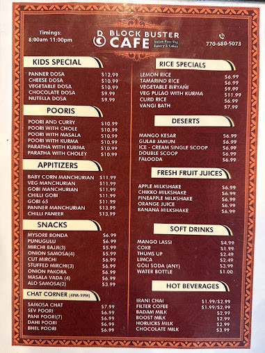 Menu Blockbuster Cafe Bakery Indian Pure Vegetarian - 0