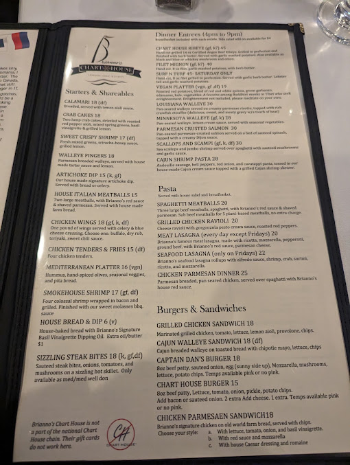 Menu Briannos Chart House Restaurant Events Center - 0