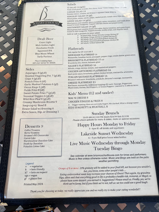 Menu Briannos Chart House Restaurant Events Center - 8