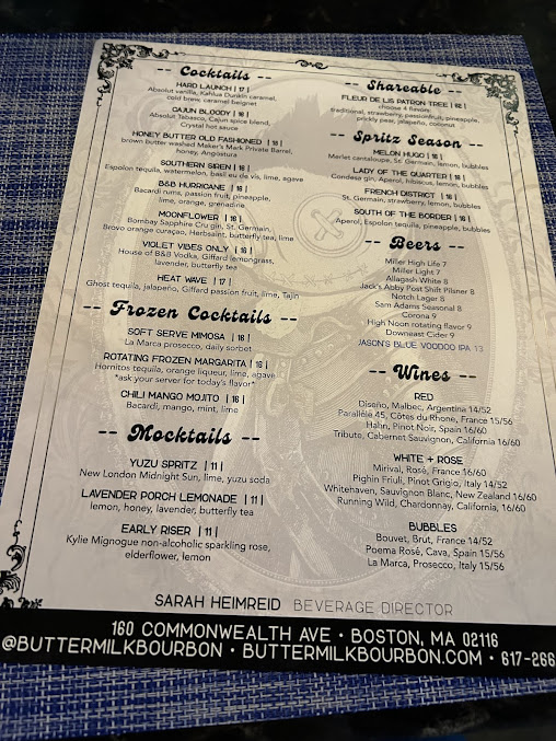 Menu Buttermilk & Bourbon - Back Bay - 0