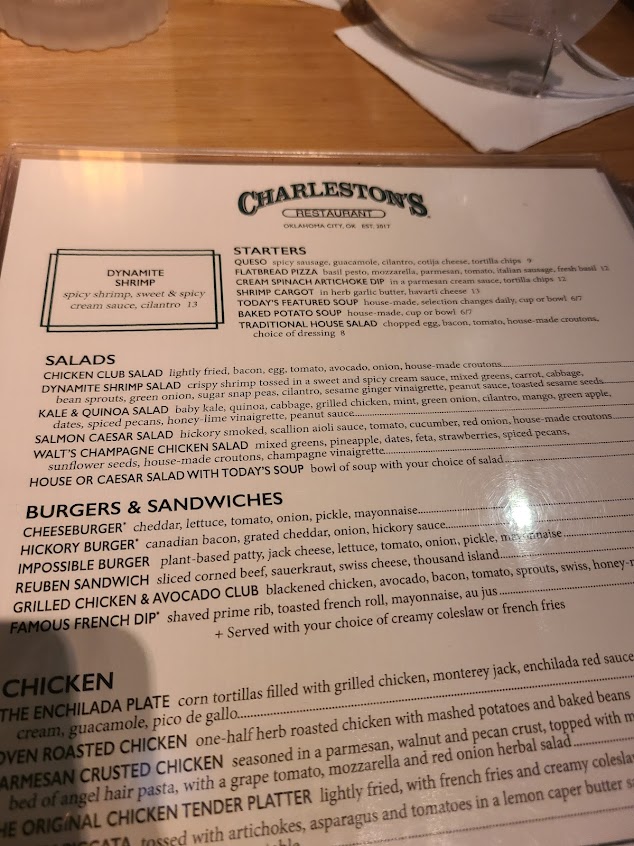Menu Charlestons Restaurant Oklahoma City - 1