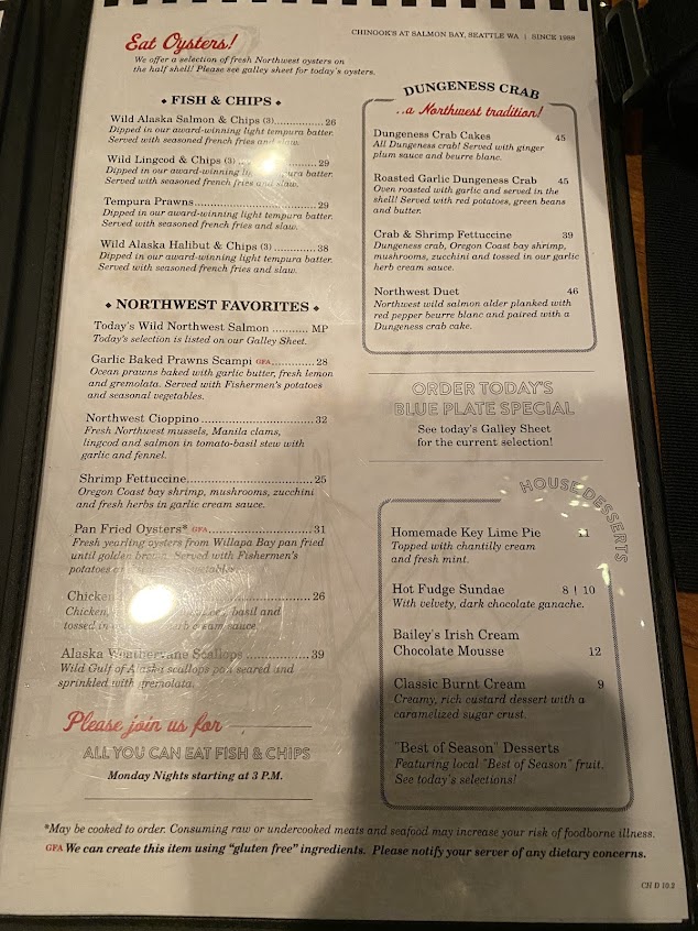 Menu Chinooks At Salmon Bay - 1