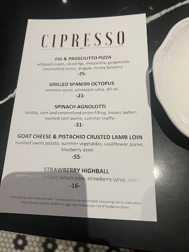 Menu Cipresso In Seminole Hard Rock Tampa - 1