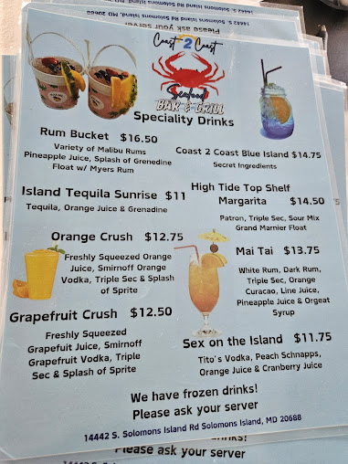 Menu Coast 2 Coast Seafood Bar And Grill - 0