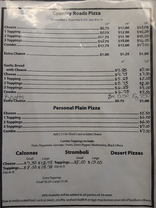 Menu Country Roads Bar Grill - 0