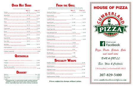 Menu Cumberland House Of Pizza Maine - 0