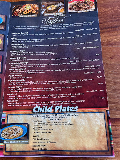 Menu El Vaquero Mexican Restaurant 1503 Memorial Blvd A - 0