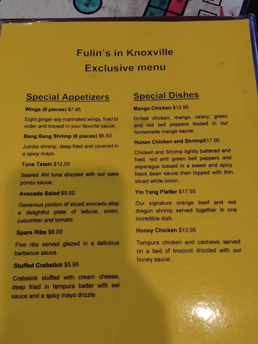 Menu Fulins Asian Cuisine In Knoxville - 2