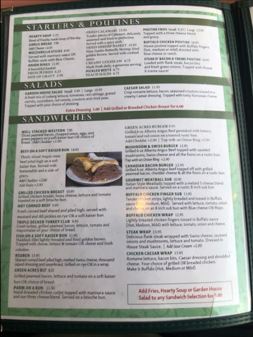Menu Green Acres Family Restaurant - 1