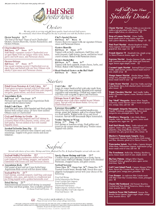 Menu Half Shell Oyster House - 0