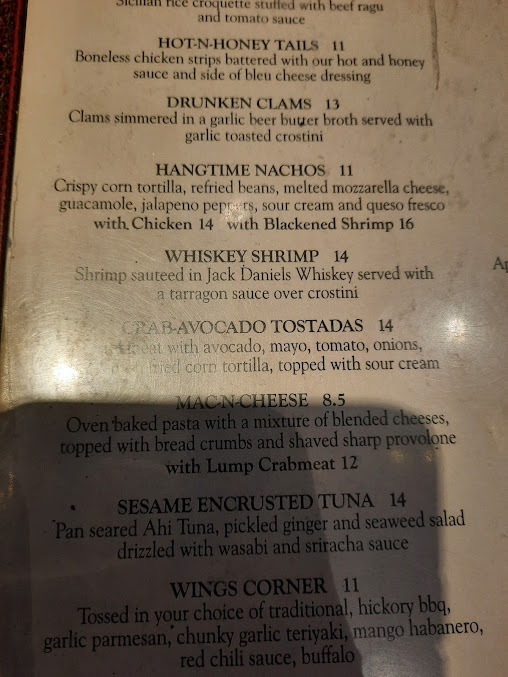 Menu Hangtime Bar And Grille (New Jersey) - 1