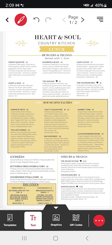 Menu Heart And Soul Country Kitchen - 1