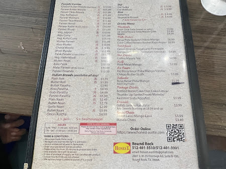 Menu Honest Indian Vegetarian Restaurant Austin - 5