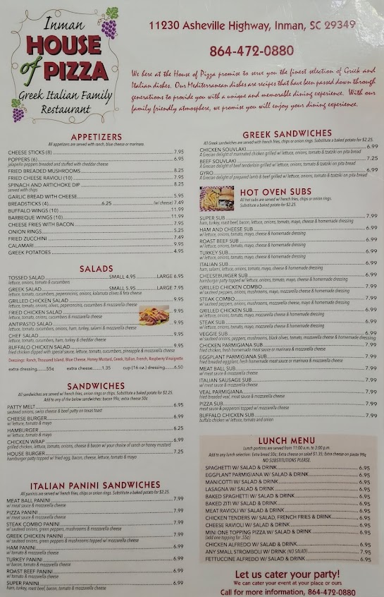 Menu Inman House Of Pizza - 0