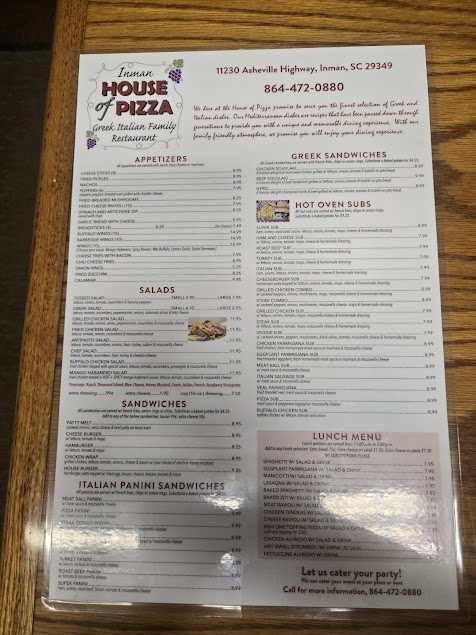 Menu Inman House Of Pizza - 1