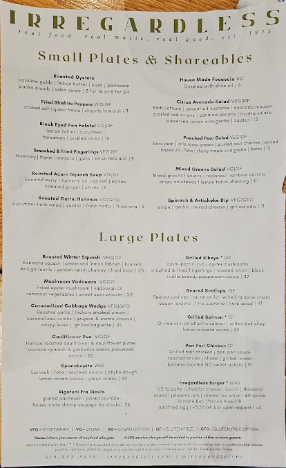 Menu Irregardless - 2