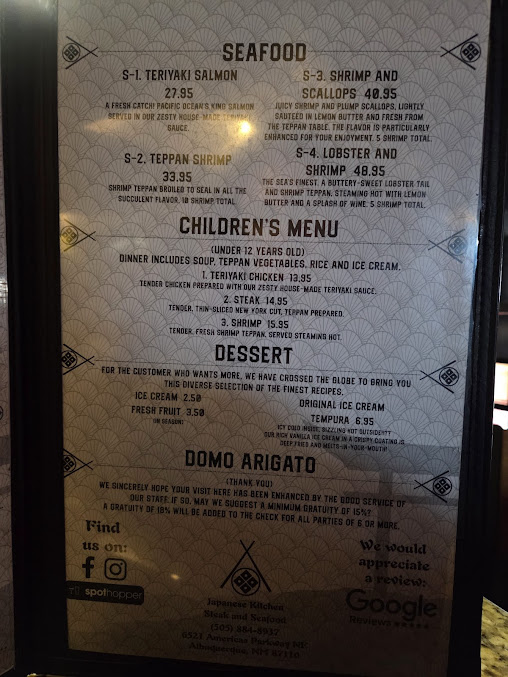 Menu Japanese Kitchen Steakhouse Teppanyaki Sushi - 0