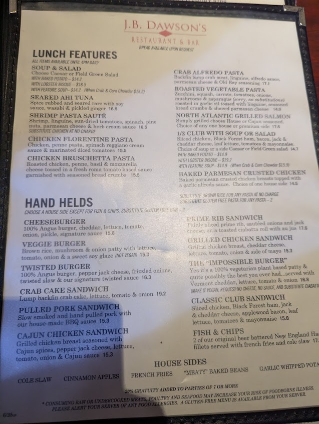 Menu Jb Dawsons Restaurant Bar - 16
