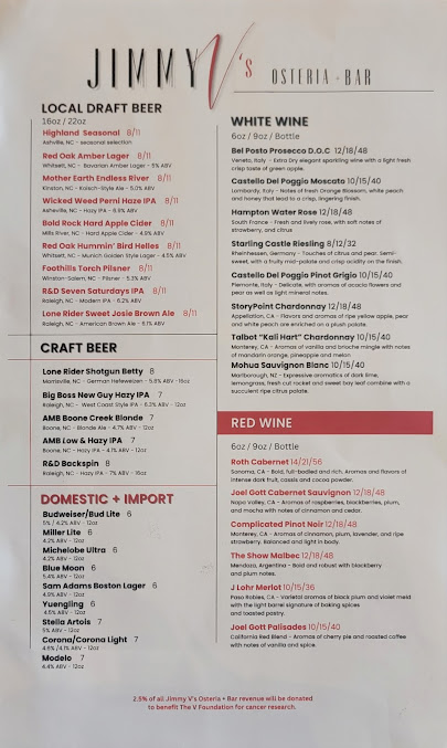 Menu Jimmy V's Osteria & Bar - 1