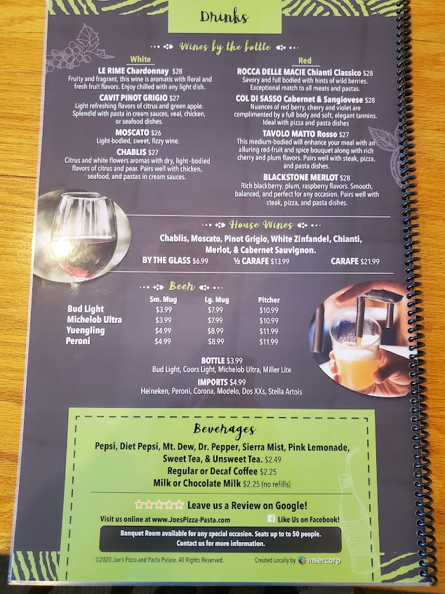Menu Joe's Pizza Pasta Palace - 1