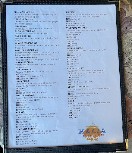 Menu Kalia Indian Cuisine Sports Lounge - 0
