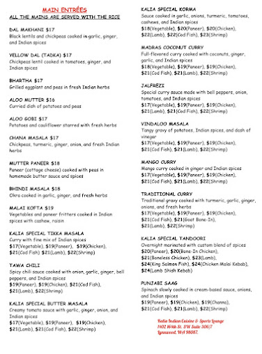 Menu Kalia Indian Cuisine Sports Lounge - 6
