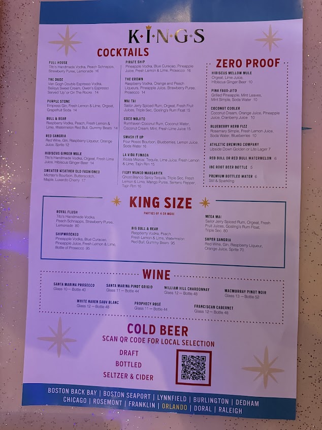 Menu Kings Dining Entertainment Orlando - 1