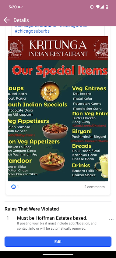 Menu Kritunga Indian Restaurant Illinois - 1