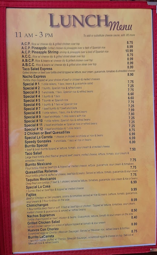 Menu La Carreta Mexican Restaurant Newport - 2