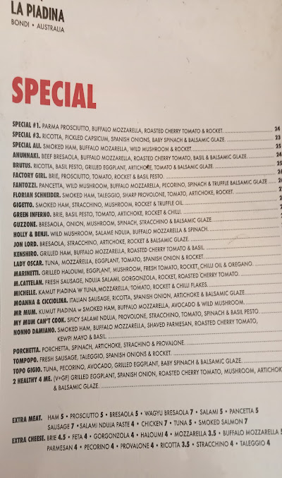Menu La Piadina (Bondi Beach) Est. 2008 - 9