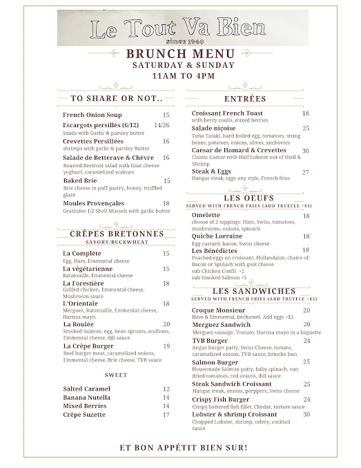 Menu Le Tout Va Bien - French Restaurant - 1
