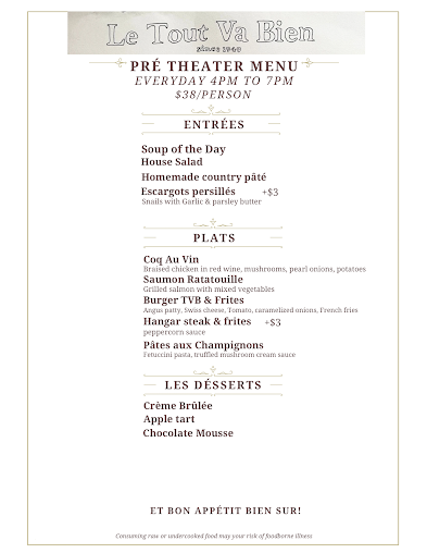 Menu Le Tout Va Bien - French Restaurant - 2