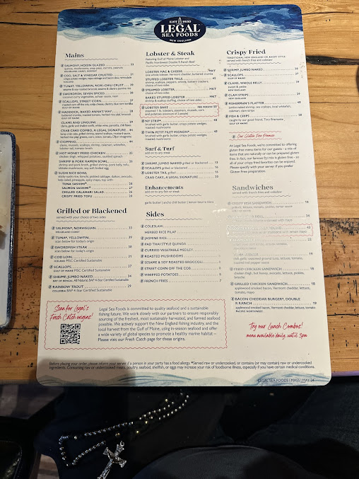 Menu Legal Sea Foods - Downtown Crossing - 0