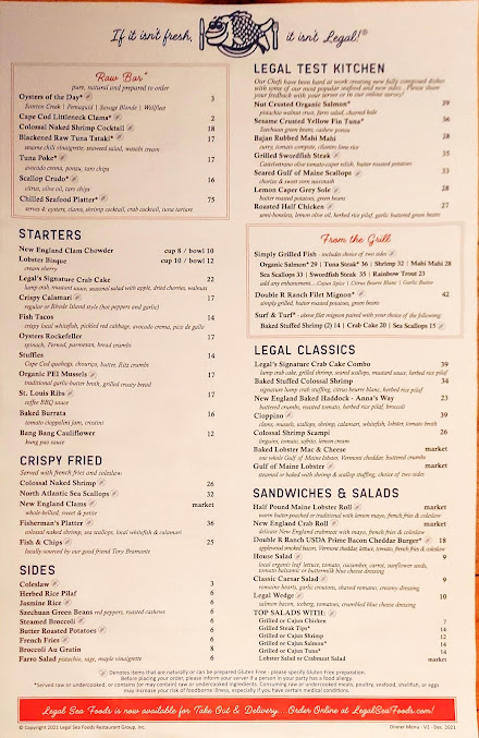 Menu Legal Sea Foods - Downtown Crossing - 6