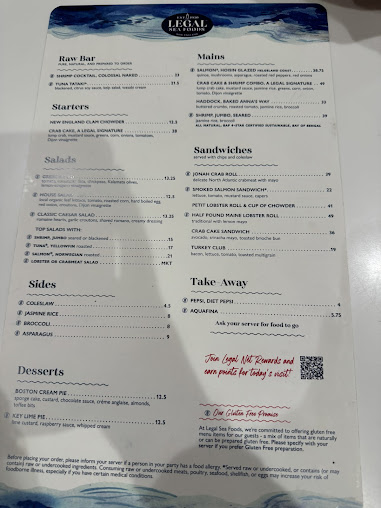Menu Legal Sea Foods - Logan Airport Terminal A - 1