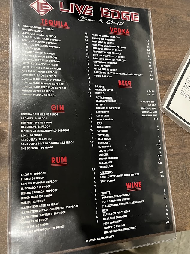Menu Live Edge Bar Grill - 7