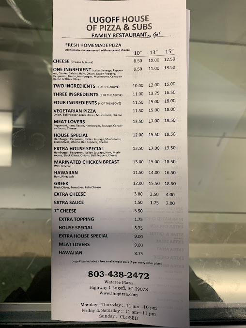 Menu Lugoff House Of Pizza Subs - 0